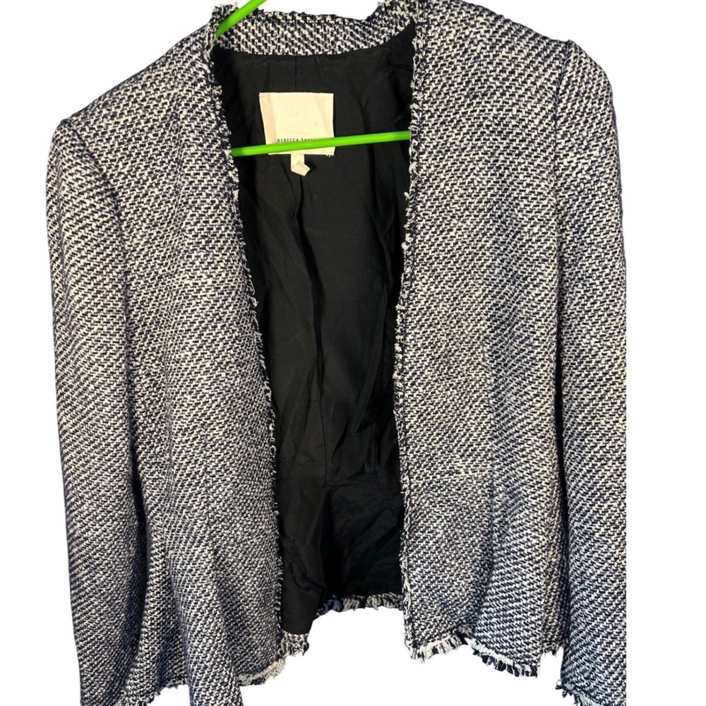 Rebecca Taylor Lurex Tweed Peplum Jacket Small Black White Fringe - Picture 3 of 8